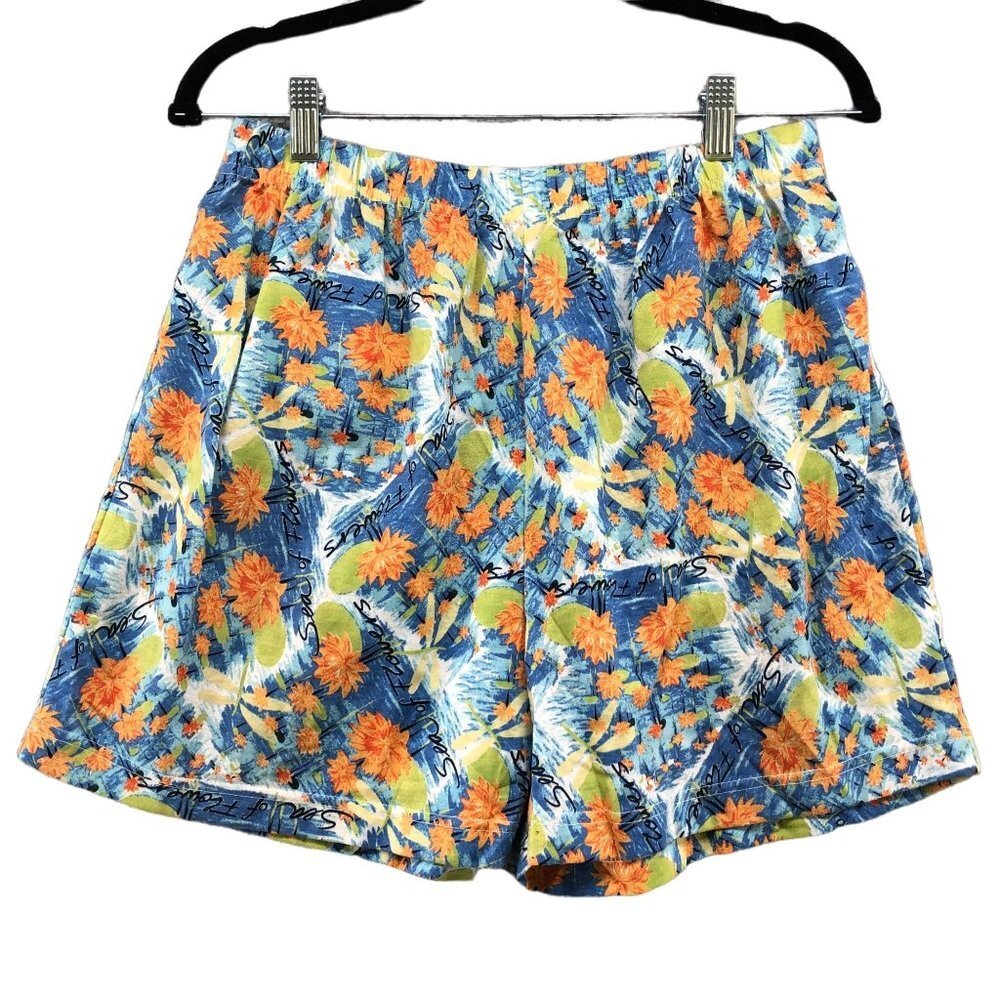 VTG Pull On Shorts Womens M High Waisted Floral Tropical Hawaiian Culotte